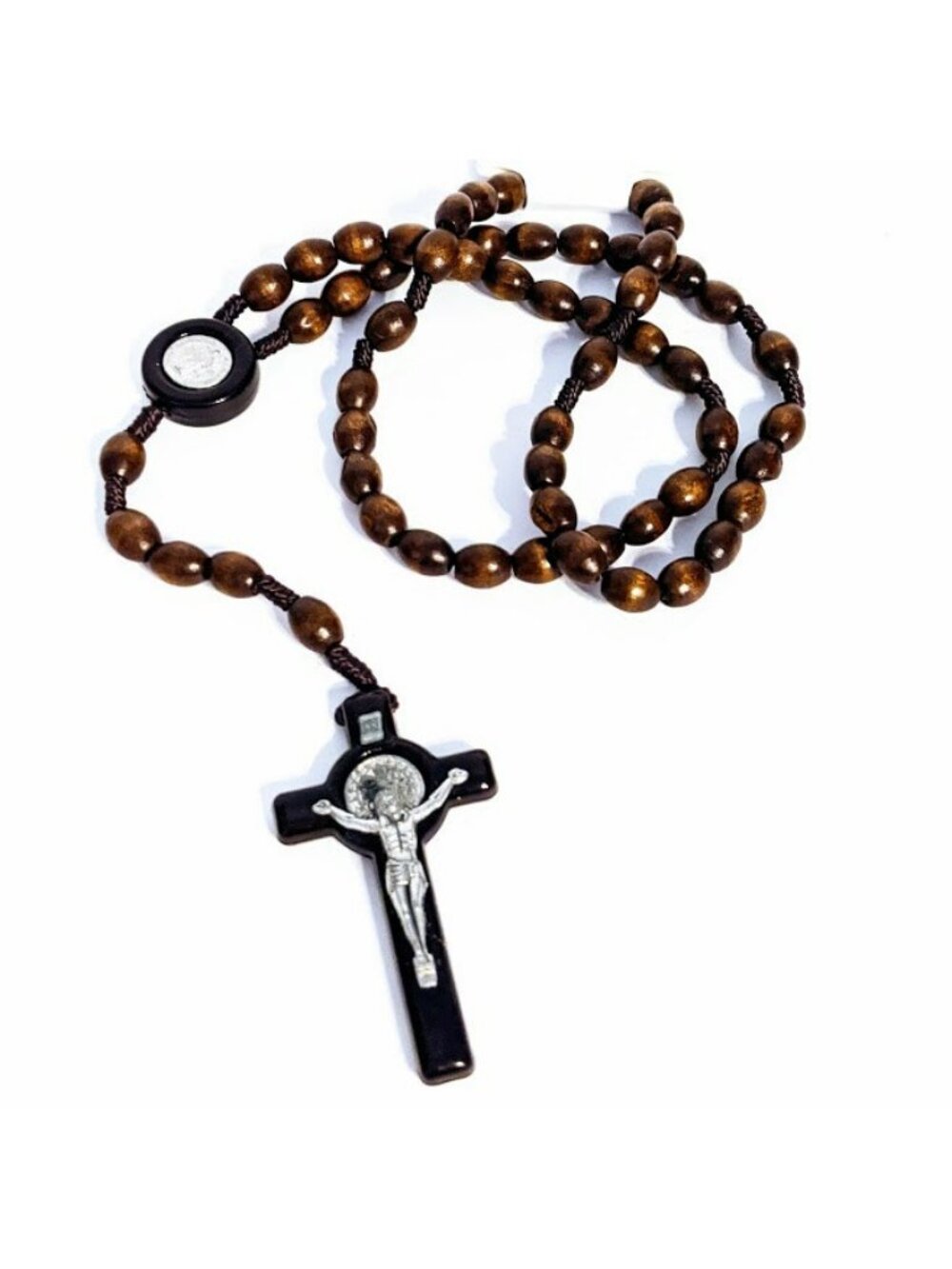 St. Benedict Corded Wooden Beads Rosary Dark Brown